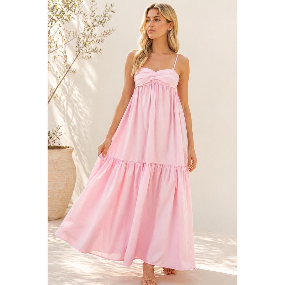 Amanda Uprichard Sima Maxi Dress XS Pink Cotton Tiered Sundress Romantic Barbie